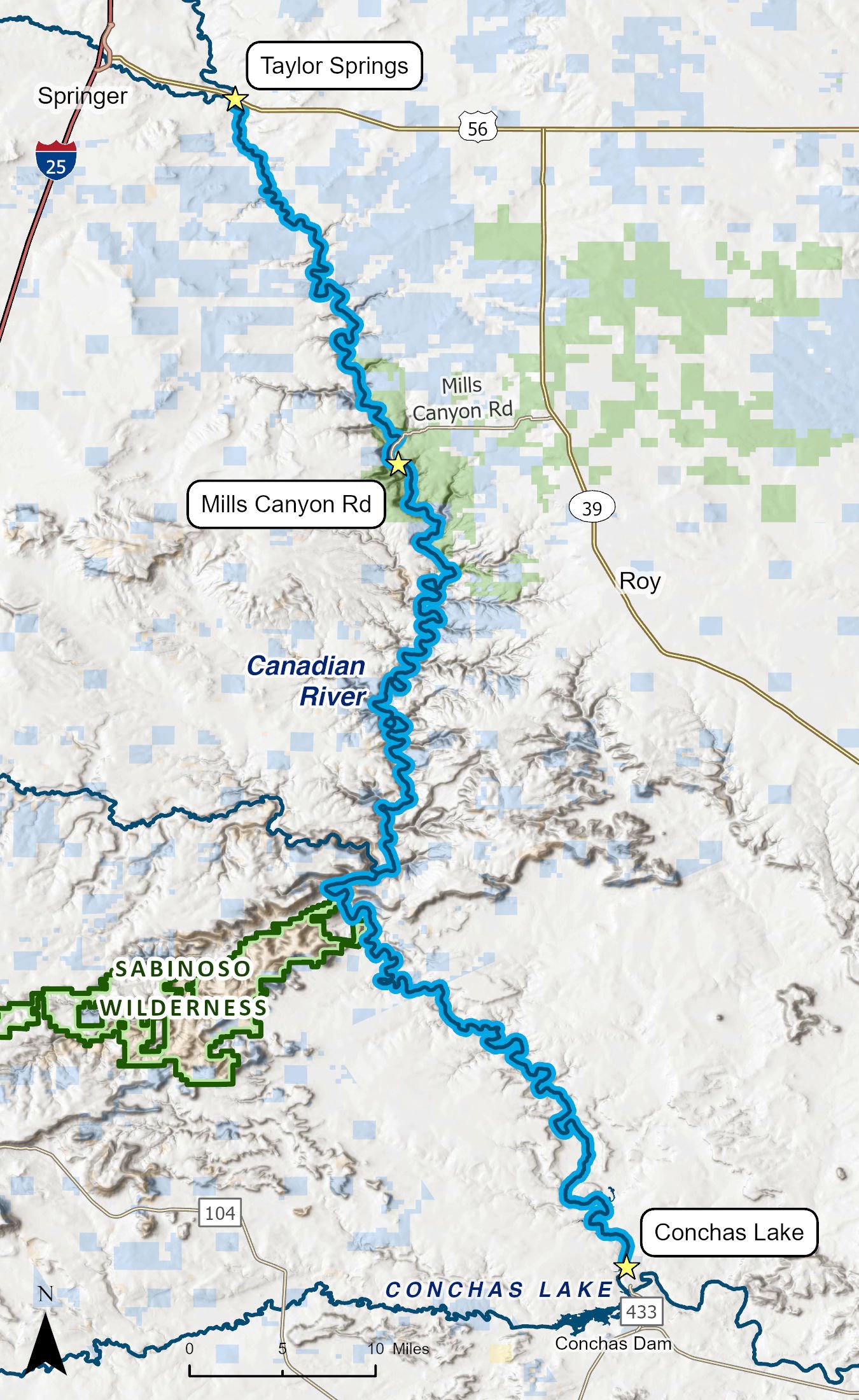 Map of Canadian River from Taylor Springs to Conchas Reservoir